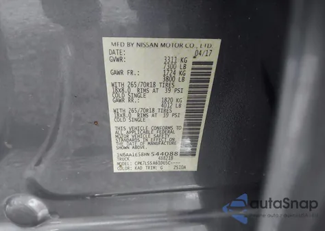 2017 Nissan Titan Sv из США, поврежденный, VIN 1N6AA1E58HN544088